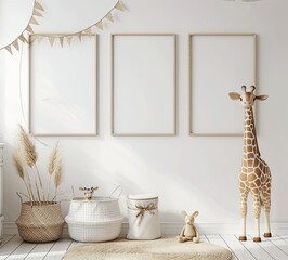 Wall Mural - display 3 blank wall arts with light wood border ,in baby room with white baskets, giraffes doll and storage, bunting