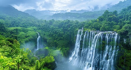 Waterfall Cascading Through Lush Green Rainforest