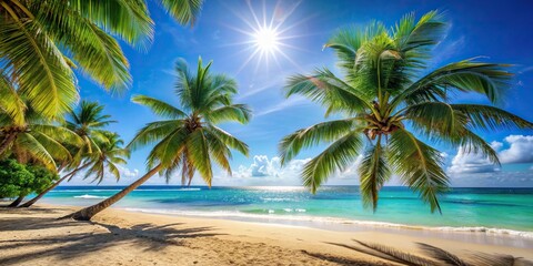 Sticker - Tropical beach with palm trees on a sunny day , vacation, relaxation, paradise, travel, coastline, sandy, blue sky, tranquil