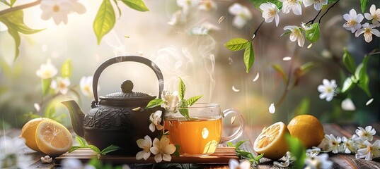 Poster - Green Tea with Jasmine Flowers and Lemon Slices: Depict green tea brewed with delicate jasmine flowers