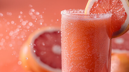 Wall Mural - Close-up of grapefruit juice with a grapefruit slice and splash.