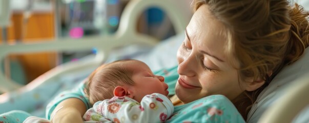 A happy mother lovingly holds her newborn baby in a hospital bed, showcasing the joy and bond of motherhood and new beginnings.