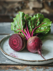Wall Mural - Two fresh beetroots on a rustic plate with green leaves attached.