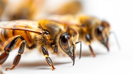 Close-up view of honeybees gathering on white backdrop.