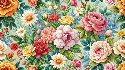 Wall Mural - Seamless blooming flowers pattern in oil paint style, flowers, blooming, seamless, pattern, oil paint, artistic