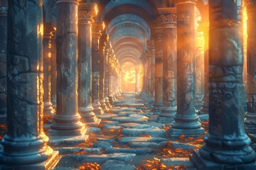 Dawn light creating a magical atmosphere around ancient pillars in a 3D digital scene,