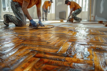 Wall Mural - men working on a wooden floor with a man working on it