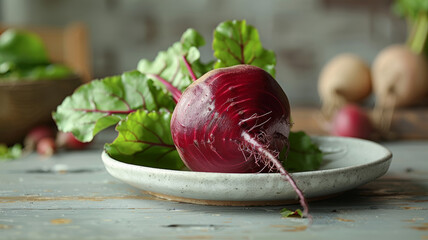 Wall Mural - Close-up of a fresh beetroot with leaves on a plate.