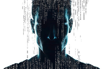 Isolated silhouette of a man’s portrait made from binary code in a wireframe plexus style on a white background.