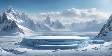 Wall Mural - ice podium background snow winter product platform cold mountain 3d. podium ice display background c