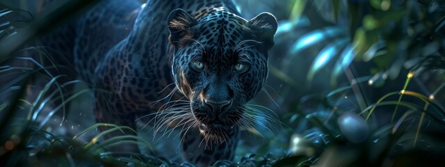 A majestic black panther prowling through the darkness of the jungle, eyes gleaming with intensity.