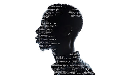 Wall Mural - Isolated silhouette of a man’s portrait made from binary code in a wireframe plexus style on a white background.
