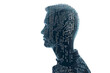 © River Girl - Isolated silhouette of a man’s portrait made from binary code in a wireframe plexus style on a white background.