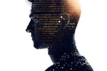 Wall Mural - Isolated silhouette of a man’s portrait made from binary code in a wireframe plexus style on a white background.