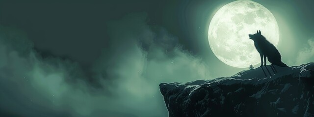 Wall Mural - Wolf howling at the full moon on a dark night
