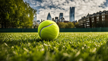 A tennis ball is sitting on a green field
