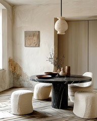 Black marble stone dining table and chairs against stucco wall and door. Boho interior design of modern living room.