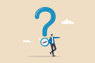 Open ended question, asking questions to encourage new idea, guidance for solution or solving problem, decision to reply or answer concept, businessman with question mark compass guidance for answer.