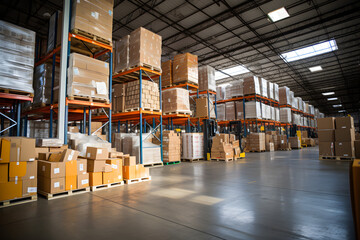 A large warehouse filled with stacks of cardboard boxes and pallets, showcasing a busy logistics and distribution center environment.