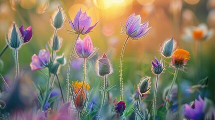 Wall Mural - Close Up of Blooming Pulsatilla Patens in the Meadow