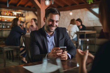 Poster - Handsome businessman after work Young handsome businessman in suit sitting in restaurant, using mobile phone and smiling