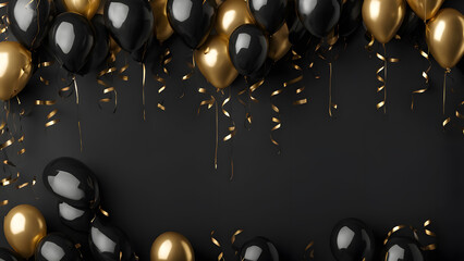 A black and gold balloon display with a black background