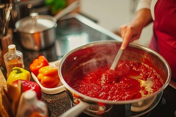 Woman cooking tomato sauce for perfect Italian pasta recipe Woman cooking tomato sauce for perfect Italian pasta recipe