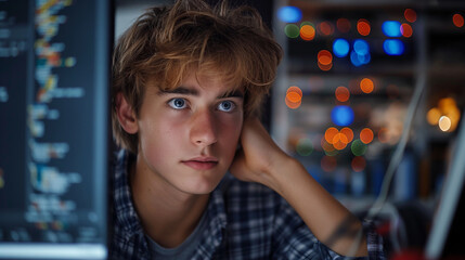 young programmer Sitting thinking about program code to develop programs in front of his computer screen