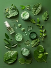 Wall Mural - Natural organic SPA cosmetic products set with green leaves. Top view herbal skincare beauty products on green background. Banner mockup for eco shop or beauty salon. Flat lay minimalist style 