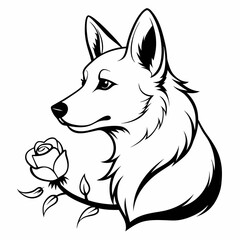 Poster - German shepherd smells a white rose flower  vector