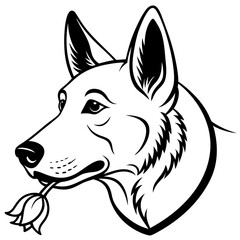 Poster - German shepherd smells a white rose flower  vector