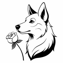 Canvas Print - German shepherd smells a white rose flower  vector