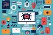 © Dina - cyber threat faced by organizations flat illustration featuring common cybersecurity. malware, phishing emails, ransomware attacks, importance of cybersecurity awareness and preparedness