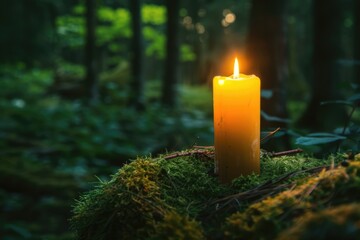 christmas candle light in dark forest