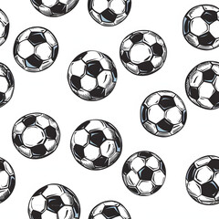 Seamless pattern with classic black and white soccer balls on a white background, perfect for sports-themed designs and projects.