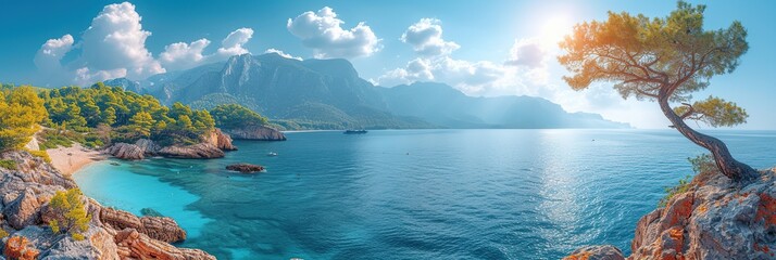 Wall Mural - Seascape, sea and mountains, sunny, calm day in the sea valley, marine tourism, marine wallpapers, banner