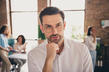 Sticker - Photo of thoughtful boss man teamwork young people working together employees modern industrial open space style interior workplace