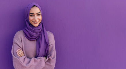 A portrait of a young smiling Muslim woman wearing a purple hijab against a purple background studio with copy space for text