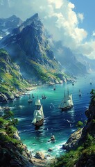 Wall Mural - Vertical, Sea fairy-tale landscape with ships, sea and mountains painted with oil paints, marine tourism, marine wallpapers