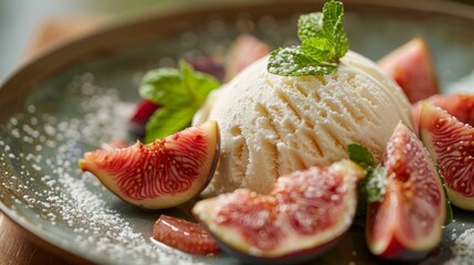 Wall Mural - summer desserts, indulge in a tasty fig dessert topped with a scoop of vanilla ice cream a perfect summer treat for any occasion