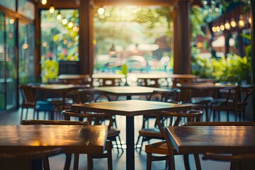 Sticker - Interior of a Restaurant with a View of an Empty Terrace: View of a stylish restaurant interior with an open terrace