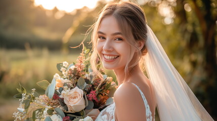 Wall Mural - Portrait of a bride on her wedding day, smiling radiantly. She wears a white dress and veil, and holds a bouquet of flowers