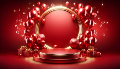 red and gold 3D rendering of a circular platform with a red oval frame in the background. Red balloons and golden gift boxes are arranged around the platform, creating a festive and celebratory atmosp