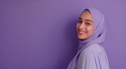 A portrait of a young smiling Muslim woman wearing a purple hijab against a purple background studio with copy space for text