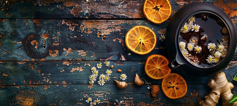 Oolong Tea with Orange Blossoms and Ginger Slices in a Traditional Chinese Teapot: Depict oolong tea with orange blossoms