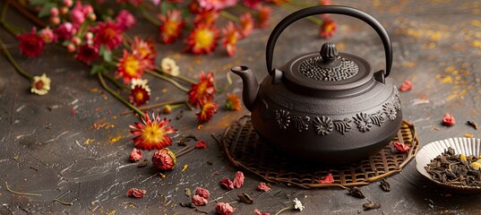 Canvas Print - Pu-erh Tea with Chrysanthemum Flowers and Goji Berries: Highlight pu-erh tea combined with delicate chrysanthemum