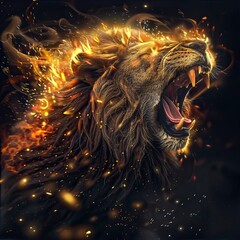 Wall Mural - roaring mighty fantasy lion with flames and glowing lights