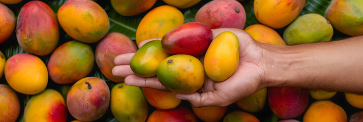 Poster - hand holds mango and background is full pattern of mangoes