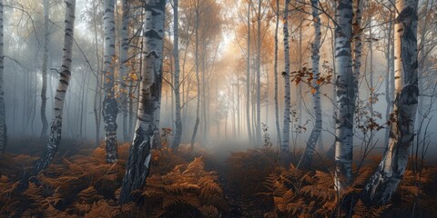 Autumn birch forest, beautiful landscape. Birch tree forest