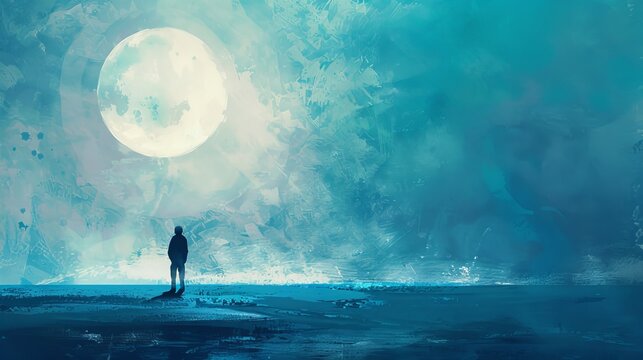 An abstract illustration depicting a depressed man gazing at the moon 